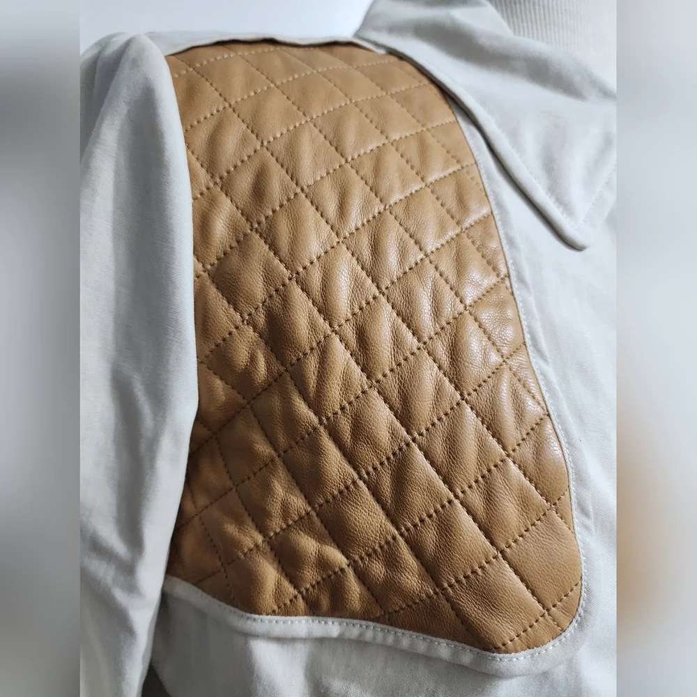 Tory Burch Regina Jacket  Quilted Vest Tan Zip Front Leather Trim M